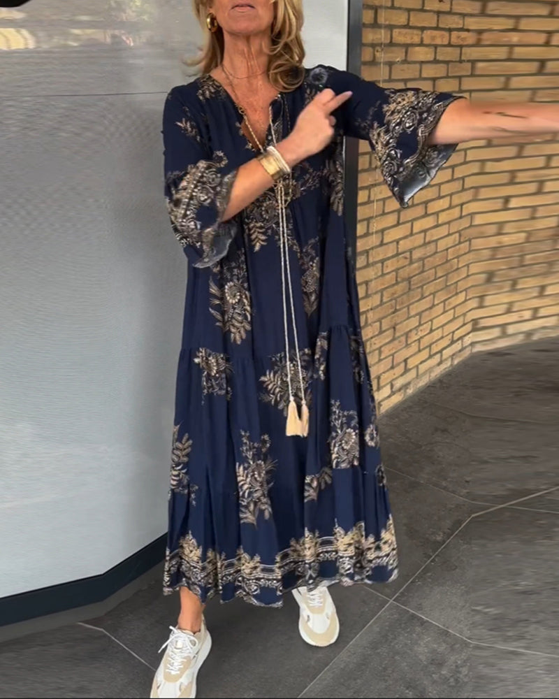 Margaret | Loose Fit Vintage V-Neck Midi Dress
