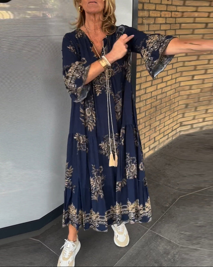 Margaret | Loose Fit Vintage V-Neck Midi Dress