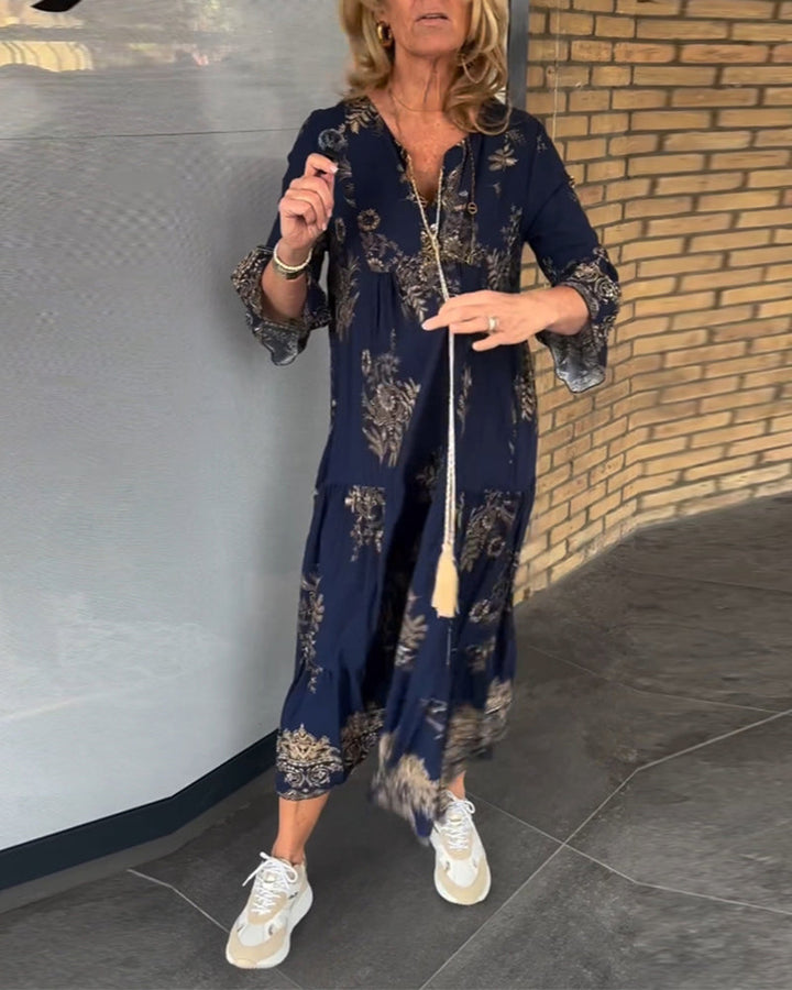 Margaret | Loose Fit Vintage V-Neck Midi Dress