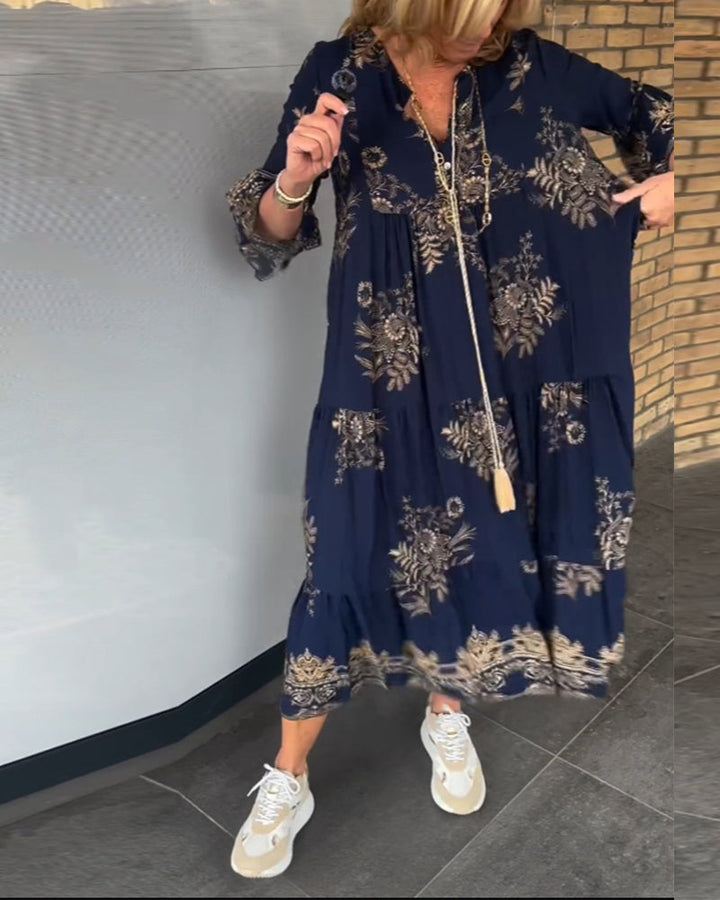 Margaret | Loose Fit Vintage V-Neck Midi Dress