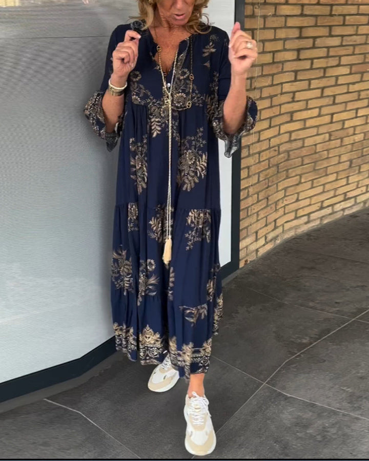 Margaret | Loose Fit Vintage V-Neck Midi Dress