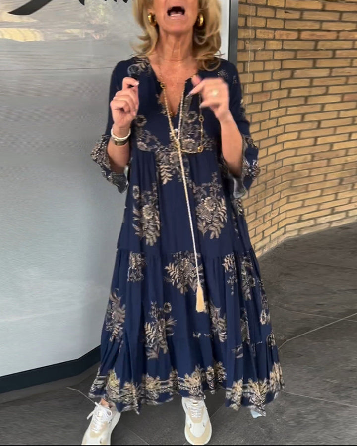 Margaret | Loose Fit Vintage V-Neck Midi Dress
