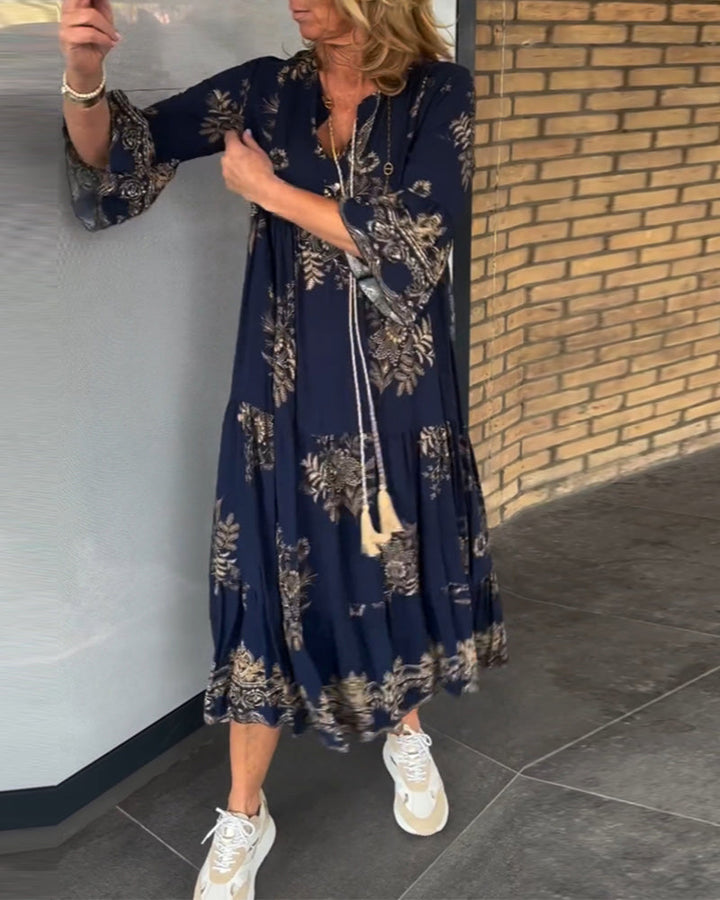 Margaret | Loose Fit Vintage V-Neck Midi Dress